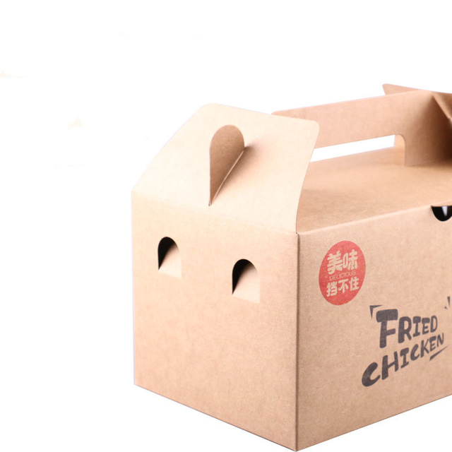 Customized Logo Printed Food Fried Chicken Takeaway Tote Carry Paper Packaging Box with Handle