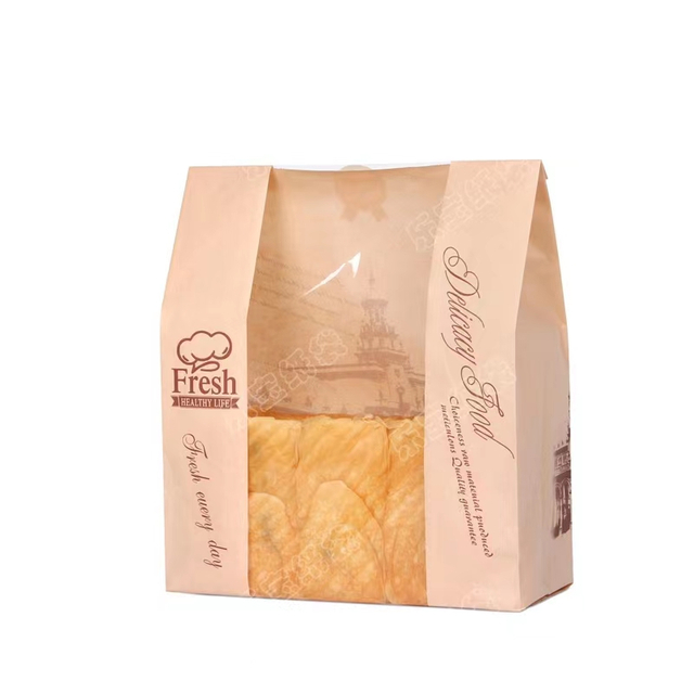 Custom Design Logo Food Grade Kraft Paper Recycled Square Bottom Packing Bread Bag with Window